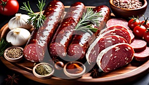 salami sausages, spices and meat products in a wooden tray, Free space for text,
