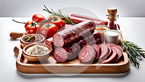 salami sausages, spices and meat products in a wooden tray, Free space for text,