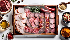 salami sausages, spices and meat products in a wooden tray, Free space for text,