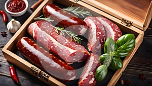 salami sausages, spices and meat products in a wooden tray, Free space for text,