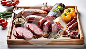 salami sausages, spices and meat products in a wooden tray, Free space for text,