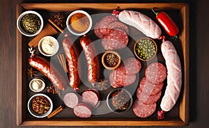 salami sausages, spices and meat products in a wooden tray, Free space for text,