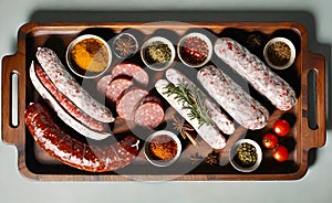 salami sausages, spices and meat products in a wooden tray, Free space for text,