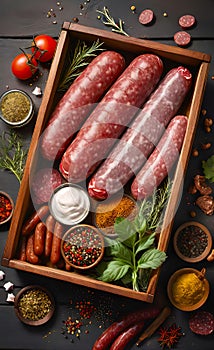 salami sausages, spices and meat products in a wooden tray, Free space for text,