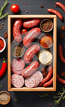 salami sausages, spices and meat products in a wooden tray, Free space for text,