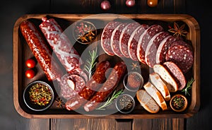 salami sausages, spices and meat products in a wooden tray, Free space for text,