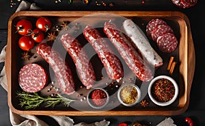 salami sausages, spices and meat products in a wooden tray, Free space for text,