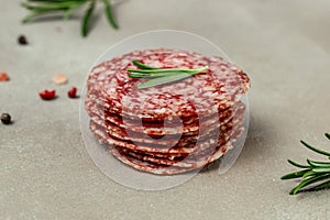 Salami sliced sausage set, Food recipe background. Close up