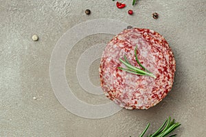 Salami sliced sausage set, Food recipe background. Close up