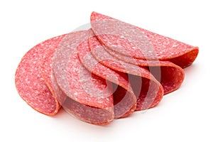 Salami slices isolated on the white background.