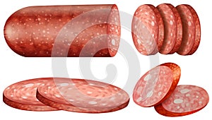 Salami slices on white background