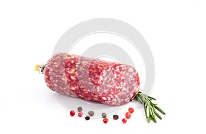 Salami smoked sausage, rosemary branch and pepper, isolated on a white background cutout