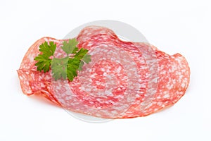 Salami smoked sausage slices isolated on white background cutout