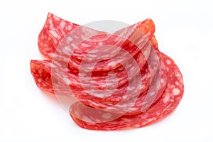 Salami smoked sausage slices isolated on white background cutout