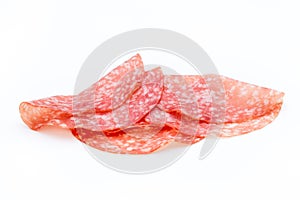 Salami smoked sausage slices isolated on white background cutout