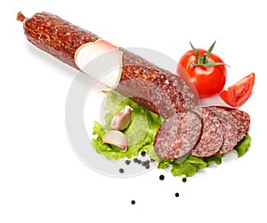 Salami stick with blank label and slices around