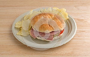 Salami sub sandwich on plate with chips on table