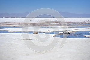 Salar de Uyuni surface with some water salt and rocks