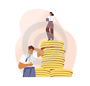 Salary gap concept. Inequality of money incomes between rich wealthy woman and poor man. Comparison of different