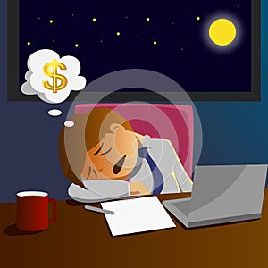 Salary man working overtime and sleep on desk