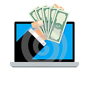 Salary online, transaction banknote financial from laptop