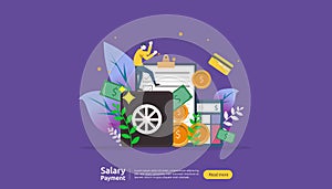 salary payment concept. Payroll, annual bonus, income, payout with paper calculator and people character. web landing page