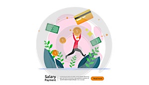 salary payment concept. Payroll, annual bonus, income, payout with paper calculator and people character. web landing page