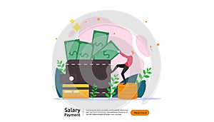 salary payment concept. Payroll, annual bonus, income, payout with paper calculator and people character. web landing page