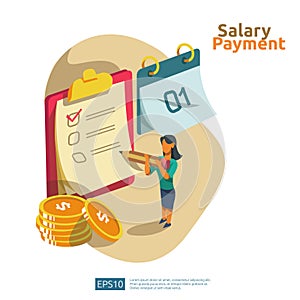 Salary payment and payroll illustration concept for annual bonus, income, payout with people character. flat vector for web landin