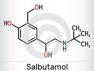 Salbutamol, albuterol molecule. It is short-acting agonist used in the treatment of asthma and COPD. Skeletal chemical formula photo