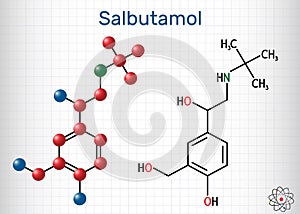 Salbutamol, albuterol molecule. It is a short-acting agonist used in the treatment of asthma and COPD. Structural chemical formula photo