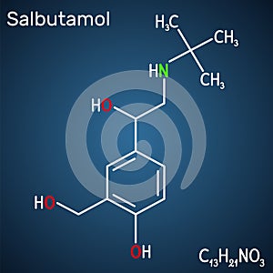 Salbutamol, albuterol molecule. It is a short-acting agonist used in the treatment of asthma and COPD. Structural chemical formula photo