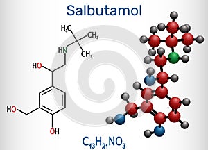 Salbutamol, albuterol molecule. It is a short-acting agonist used in the treatment of asthma and COPD. Structural chemical formula photo