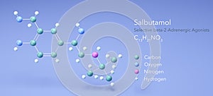 salbutamol molecule, molecular structures, albuterol, 3d model, Structural Chemical Formula and Atoms with Color Coding photo