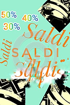 Saldi  50% 40% 30% on a modern turquoise blue background  with art design