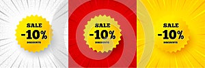Sale 10 percent off banner. Discount sticker shape. Flash offer banner. Vector