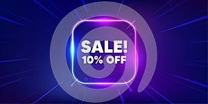 Sale 10 percent off discount. Promotion price offer sign. Neon light frame box. Vector