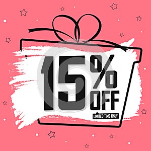 Sale 15% off, discount banner design template, promo tag. Shopping poster, vector illustration