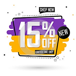 Sale 15% off, discount banner design template, promo tag. Shopping poster, vector illustration