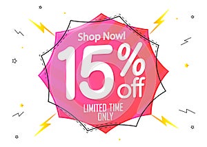 Sale 15% off, discount banner design template, promo tag. Shopping poster, vector illustration