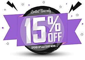 Sale 15% off, discount banner design template, promo tag. Shopping poster, vector illustration