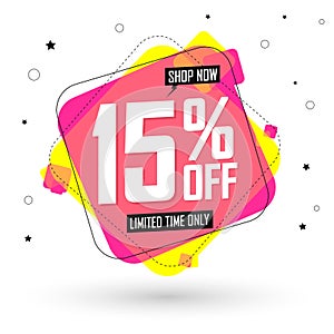 Sale 15% off, discount banner design template, promo tag. Shopping poster, vector illustration