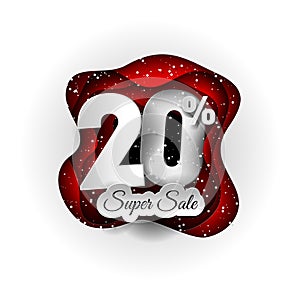 Sale 20% banner original design white and red and snow. Paper art craft style
