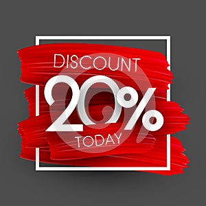 Sale 20% discount promo poster with red brush strokes.