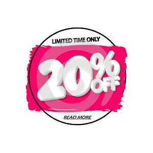 Sale 20% off, banner design template, discount tag, grunge brush, vector illustration