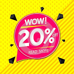 Sale 20% off, discount banner design template, promo tag. Shopping poster, vector illustration