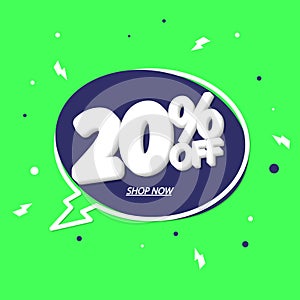 Sale 20% off tag, speech bubble banner design template, discount tag, app icon, vector illustration