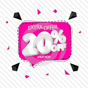 Sale 20% off tag, speech bubble banner design template, discount tag, extra offer, app icon, vector illustration