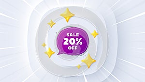 Sale 20 percent off bubble banner. Discount sticker shape. Neumorphic offer 3d banner, coupon. Vector