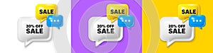 Sale 20 percent off discount. Promotion price offer sign. Chat speech bubble 3d icons. Vector